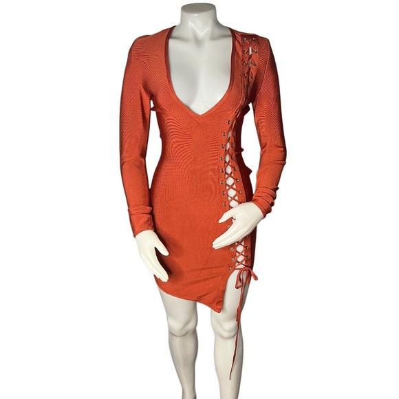 HOUSE OF CB London Bandage Dress Bodycon Mini Lace Up Plunge Neckline Size Small - Picture 4 of 11